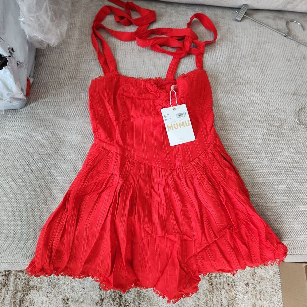SHOW ME YOUR MUMU XS Red Lace Trim Regal Romper NWT